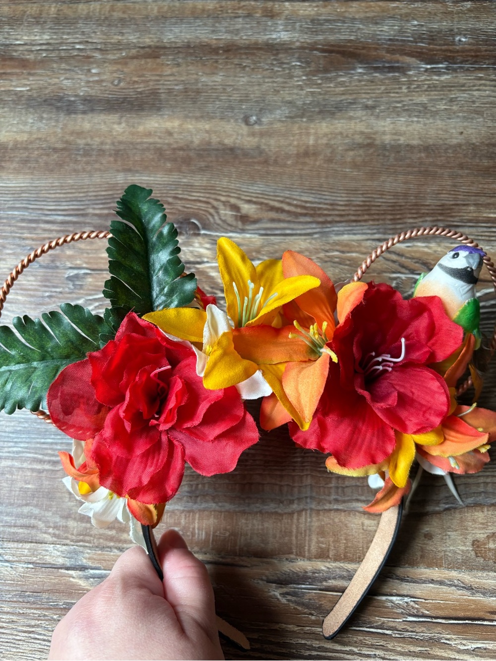 Disney Red & Orange Floral Tropical Enchanted Tiki Room Bird Mouse Ear Headband - Picture 3 of 6